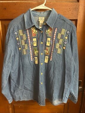 Koret Denim Embroidered Button-Up Shirt - Blue Grannycore